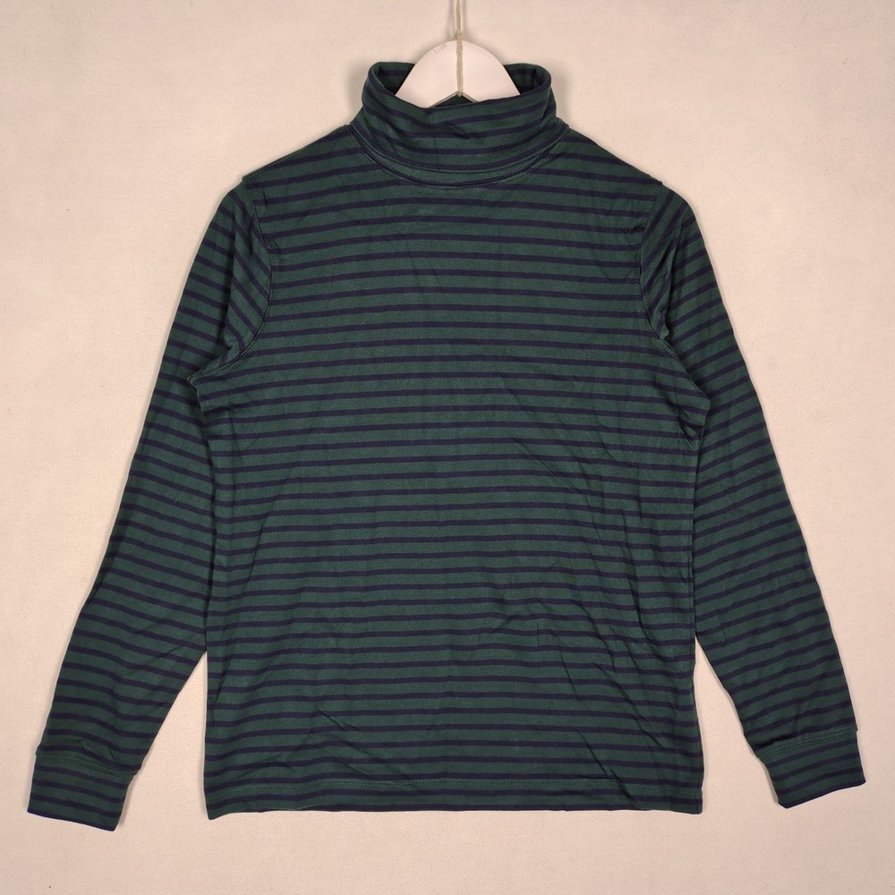 L.L.Bean Mens Striped Turtleneck Shirt Green Navy Blue Cotton 505965 Small Reg